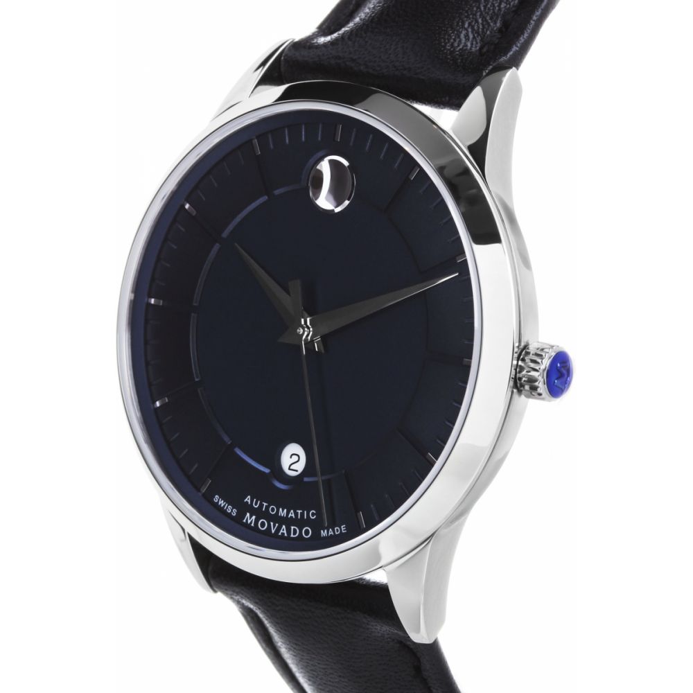 Movado 1881 watch showing blue dial face with crown detail and black leather strap