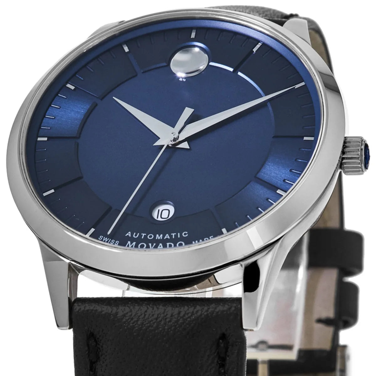 Movado 1881 watch angled view showing blue dial, silver case, and date window