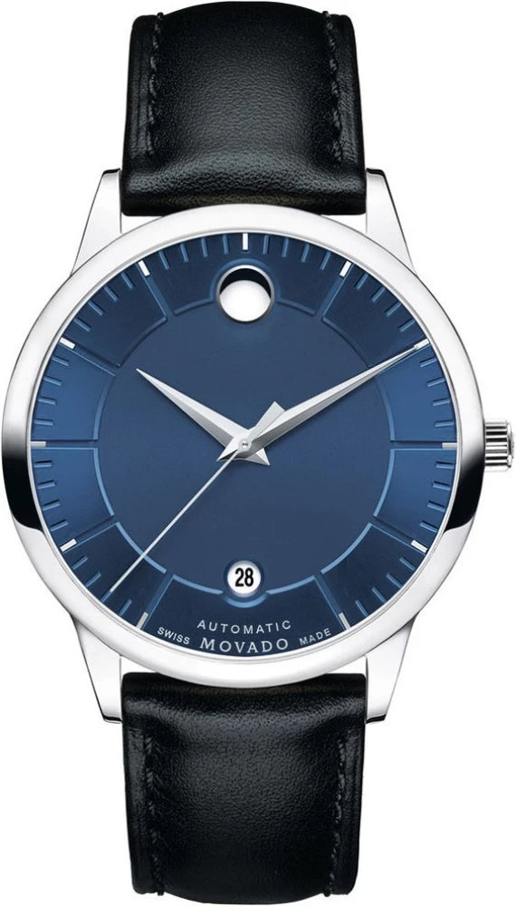 Movado 1881 automatic watch with blue dial, stainless steel case, and black leather strap