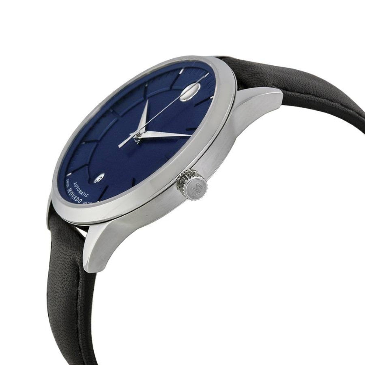 Movado 1881 automatic watch side view with blue dial and black leather band