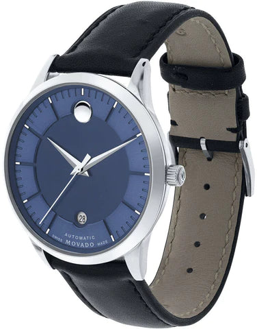 Movado 1881 automatic watch side profile with black leather strap and stainless steel case