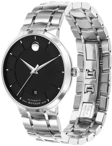 Movado 1881 watch from side angle showing silver steel bracelet links