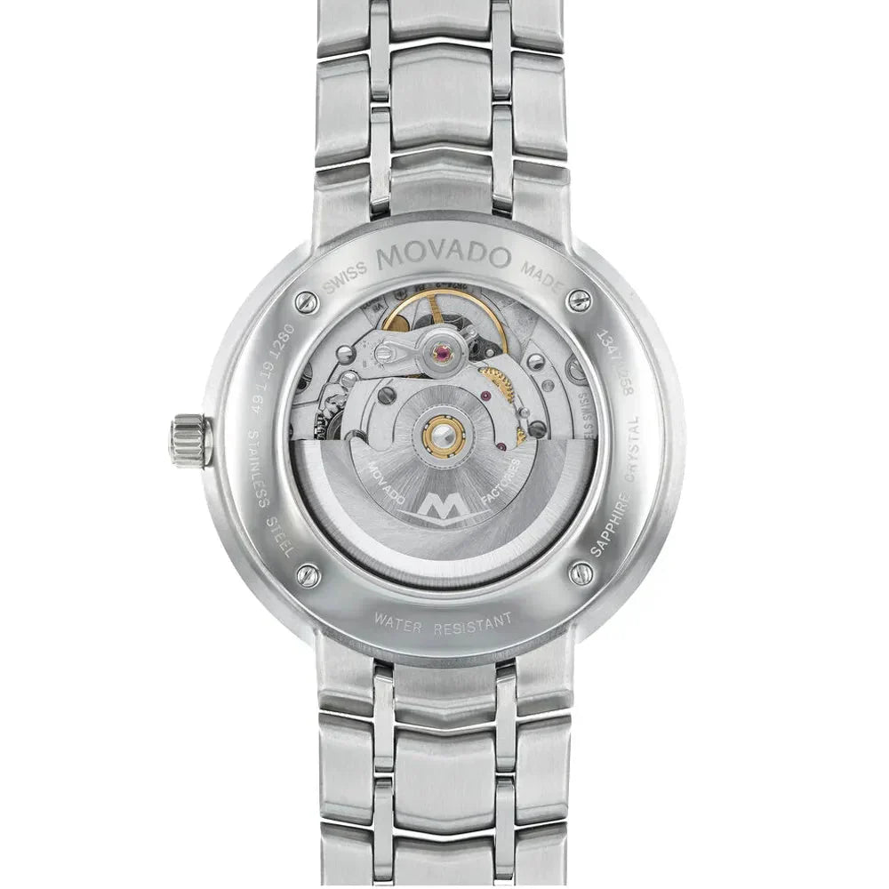 Movado 1881 automatic caseback showing visible movement and rotor