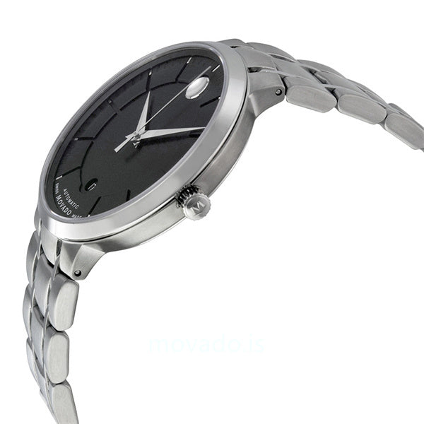 Movado 1881 automatic watch side profile with silver steel strap
