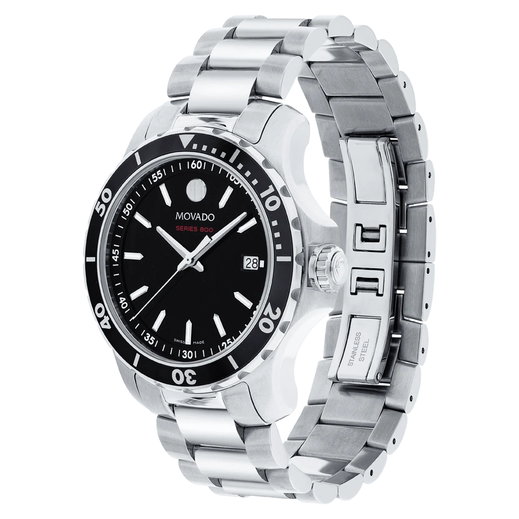 Movado watch showing stainless steel bracelet and case profile with clasp detail