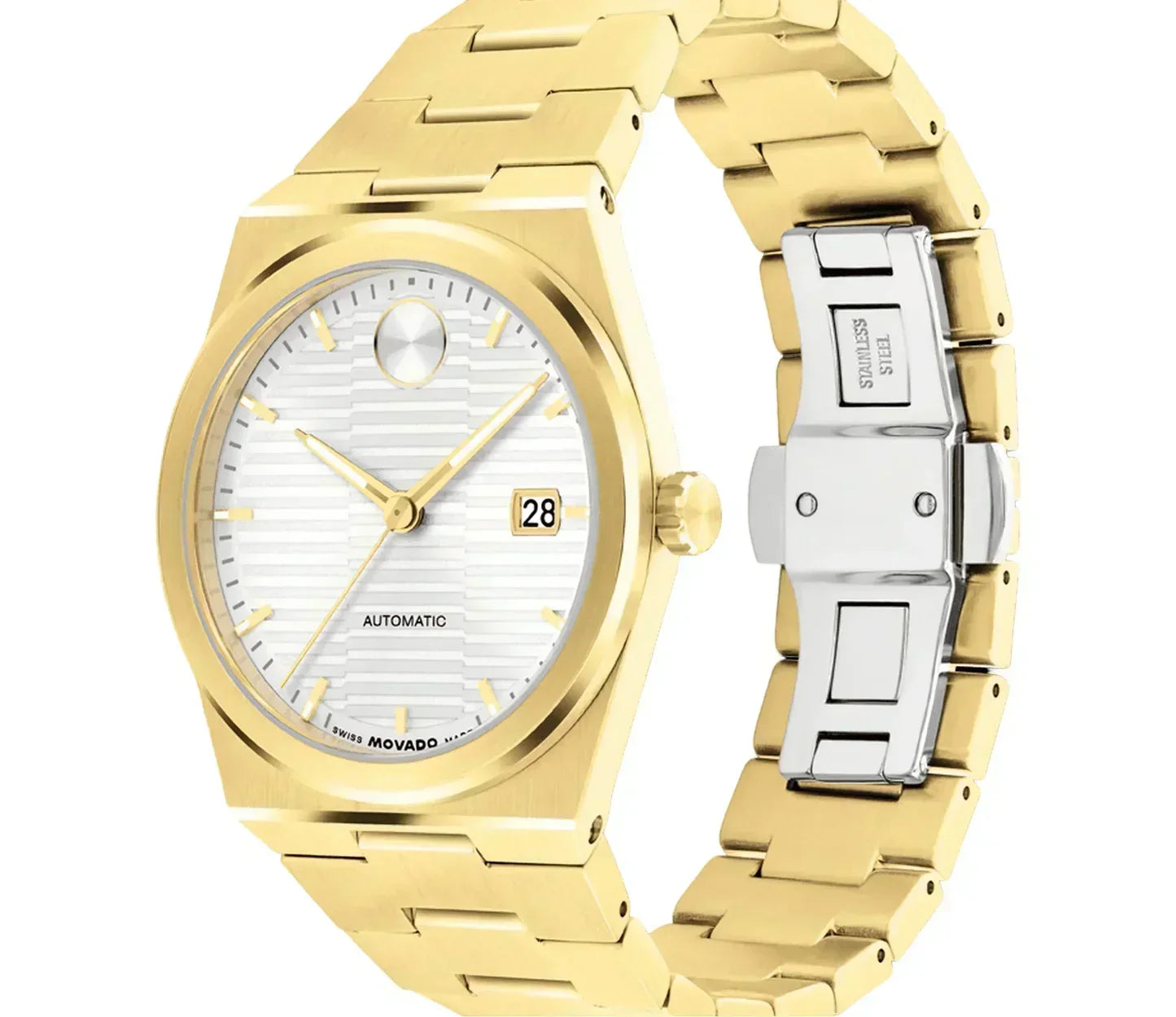 Movado 3600943 angle view showing gold steel case, white dial, and dual-tone bracelet with clasp
