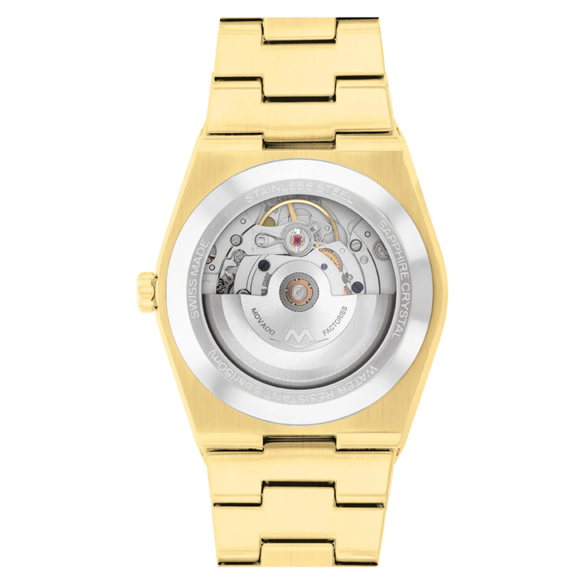 Movado 3600943 caseback showing automatic movement with visible gears and components