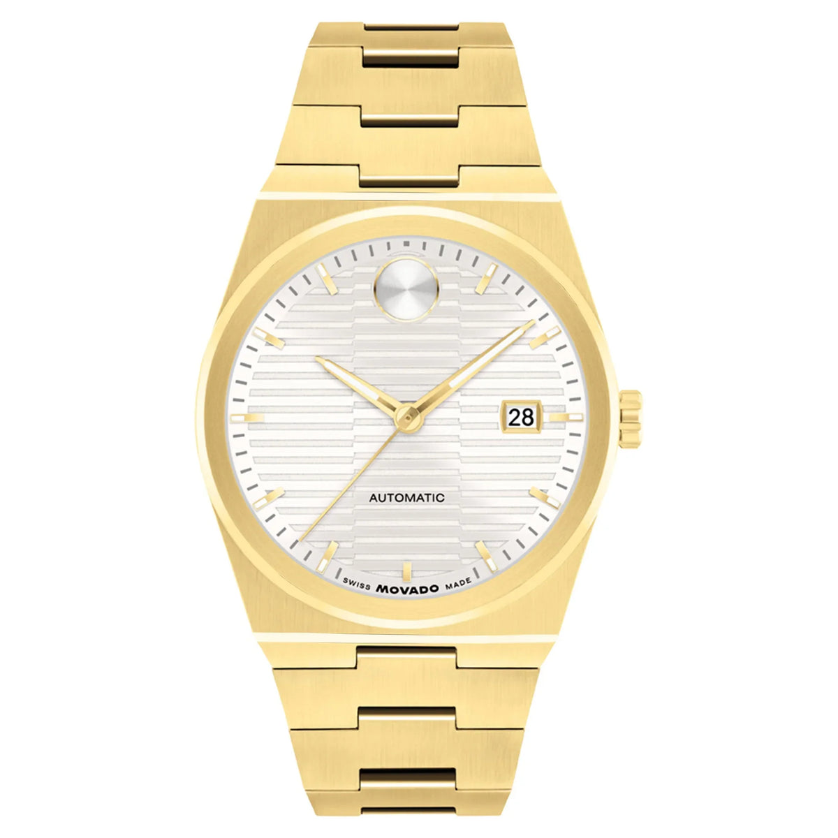 Movado automatic men's watch with gold steel case, white dial, date window and matching bracelet