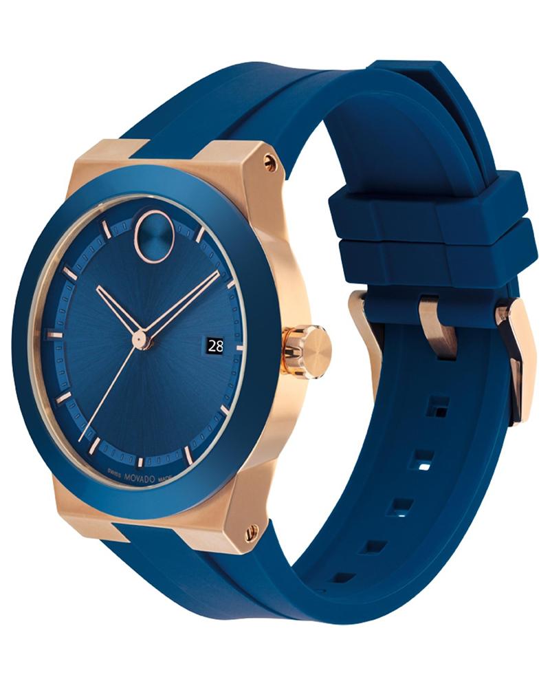 Movado 3601140 watch shown at angle with blue silicone strap and rose gold case visible