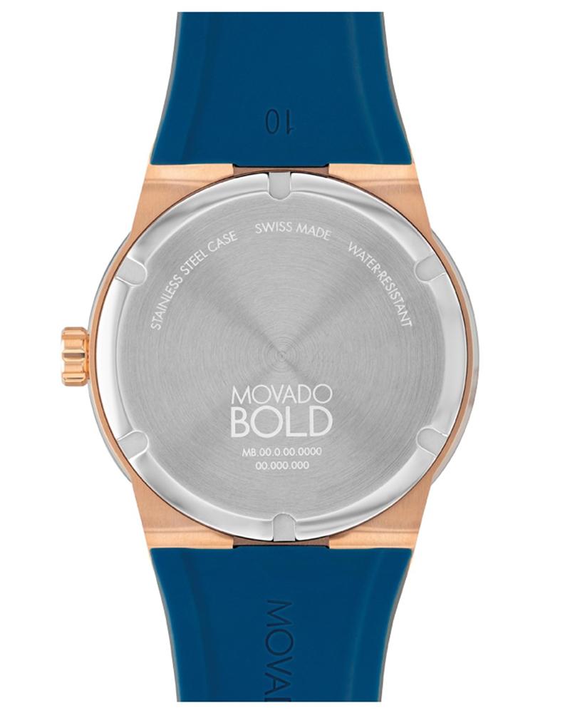 Movado Bold caseback showing Swiss Made designation and movement specifications