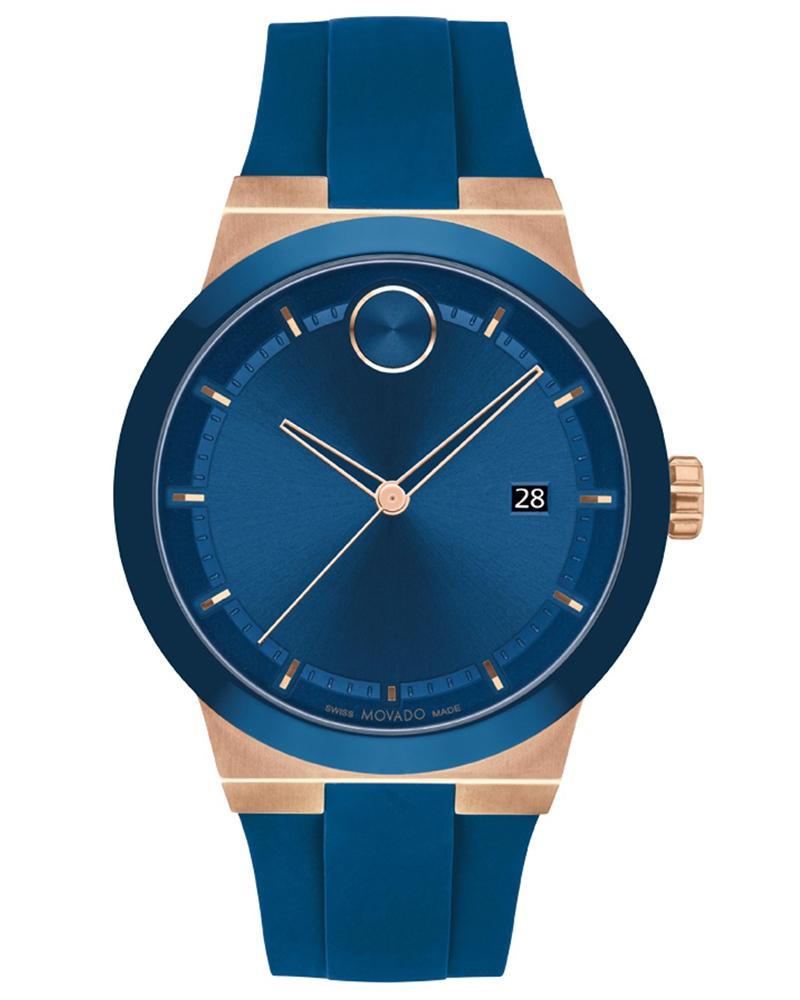 Movado men's watch with blue dial, rose gold case, blue silicone strap, and Museum dial dot