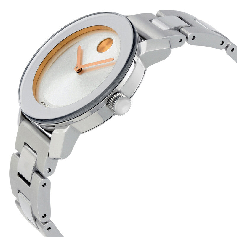 Movado Bold watch angled view showing stainless steel bracelet and case profile