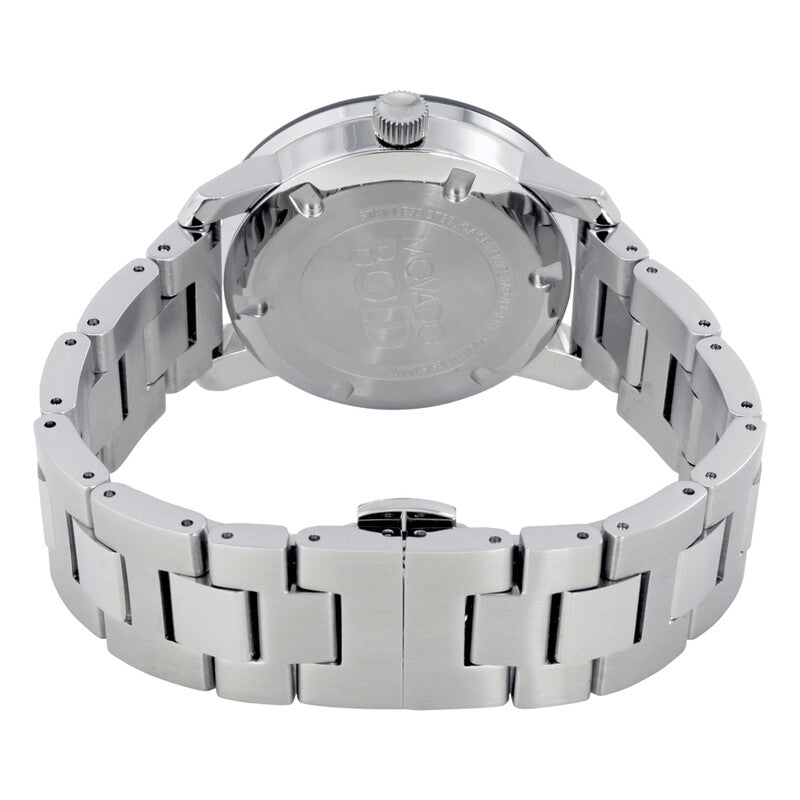 Movado Bold watch caseback showing stainless steel bracelet and securing links