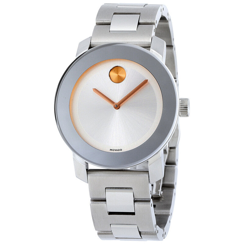 Movado Bold 36mm women's stainless steel watch with silver dial and rose gold hands