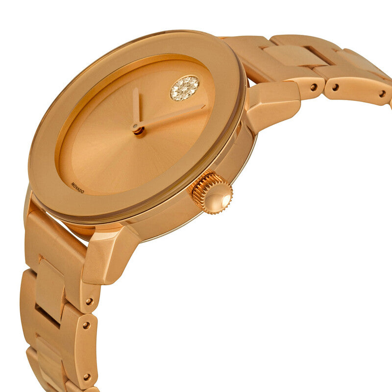 Movado Bold rose gold watch side view showing diamond bezel and brushed case