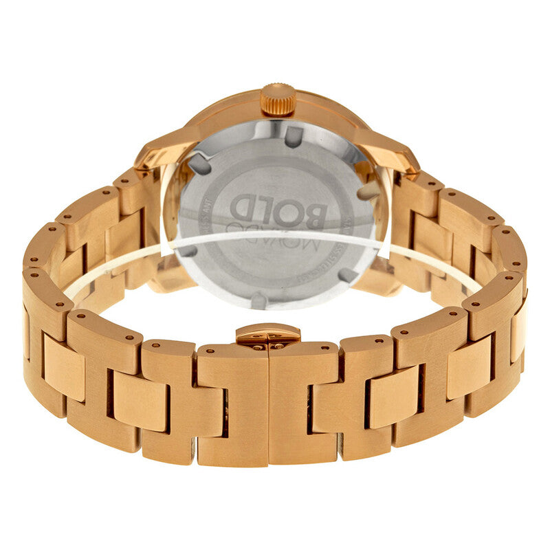Movado Bold caseback view showing rose gold bracelet and stainless steel back