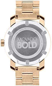 Movado Bold rose gold watch caseback detail showing BOLD logo and engraving