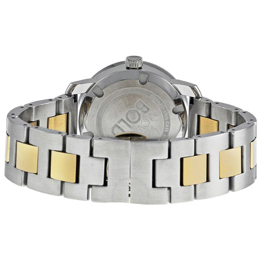 Back view of Movado Bold watch displaying case back with two-tone steel and gold bracelet