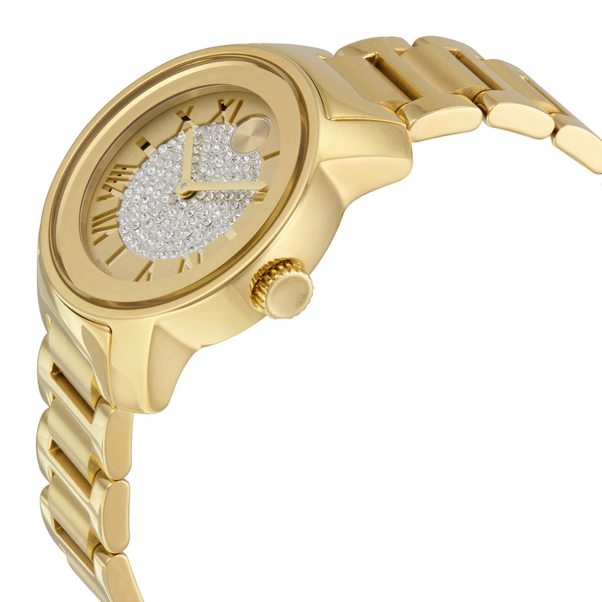 Angled view of Movado Bold gold-tone women's watch on wrist