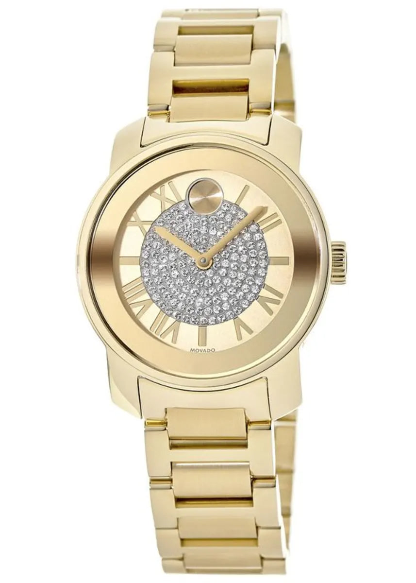 Movado Bold gold-tone women's watch featuring pave crystal dial and link bracelet