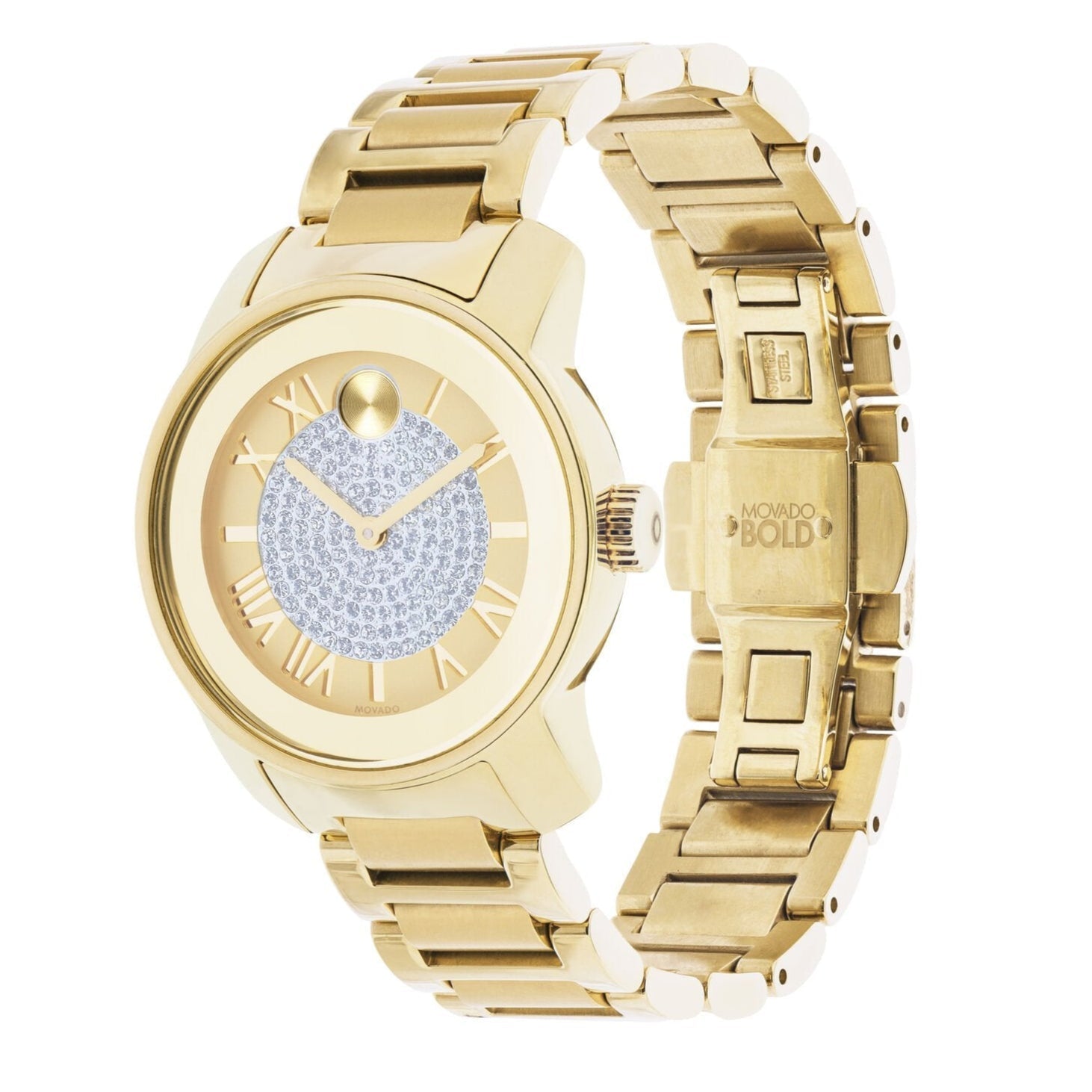 Side profile of Movado Bold gold-tone women's watch with link bracelet