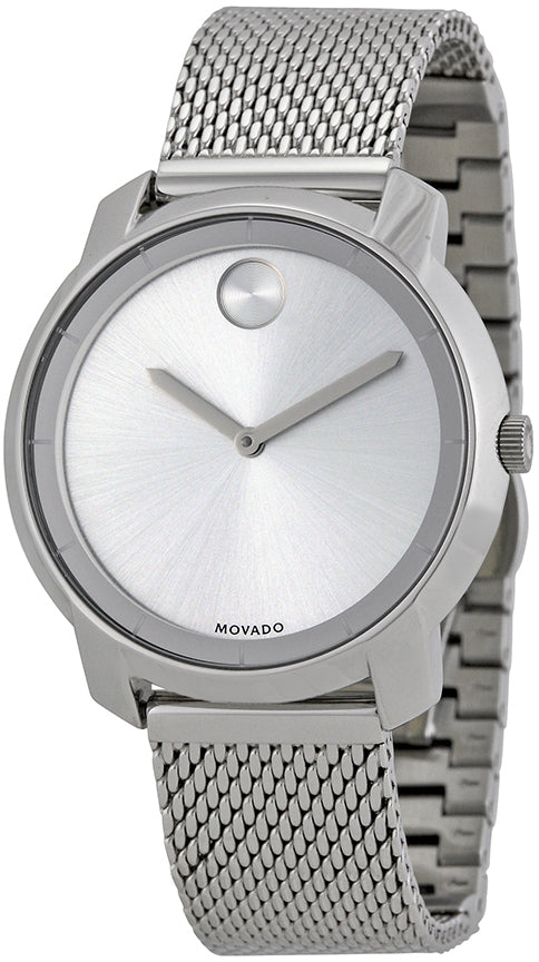 Movado Bold Thin watch angled view showing stainless steel case and mesh strap
