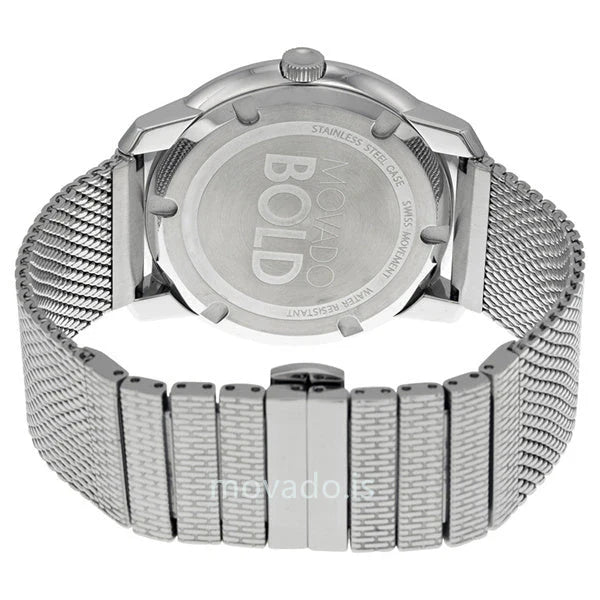 Movado Bold Thin watch caseback showing stainless steel with model and branding