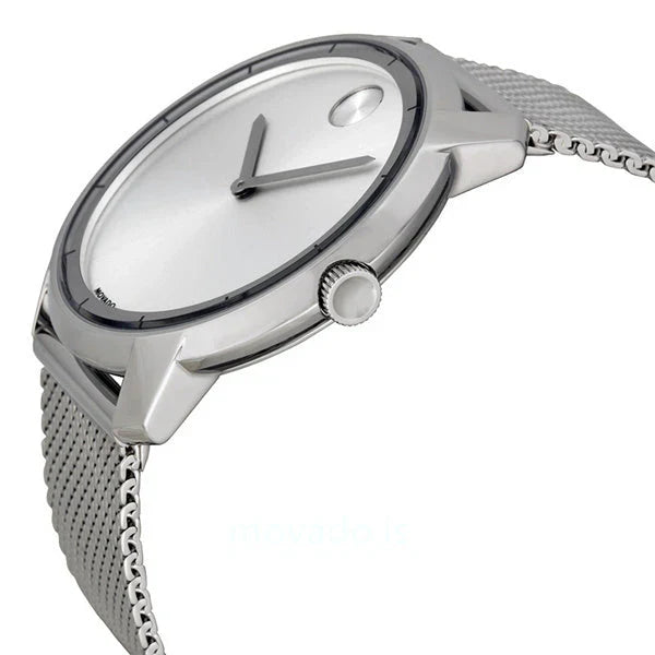 Movado Bold Thin watch side profile showing thin case design and mesh bracelet