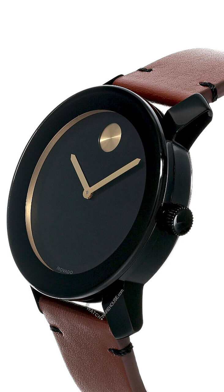 Movado Bold watch angled view of black case with gold-toned dial elements