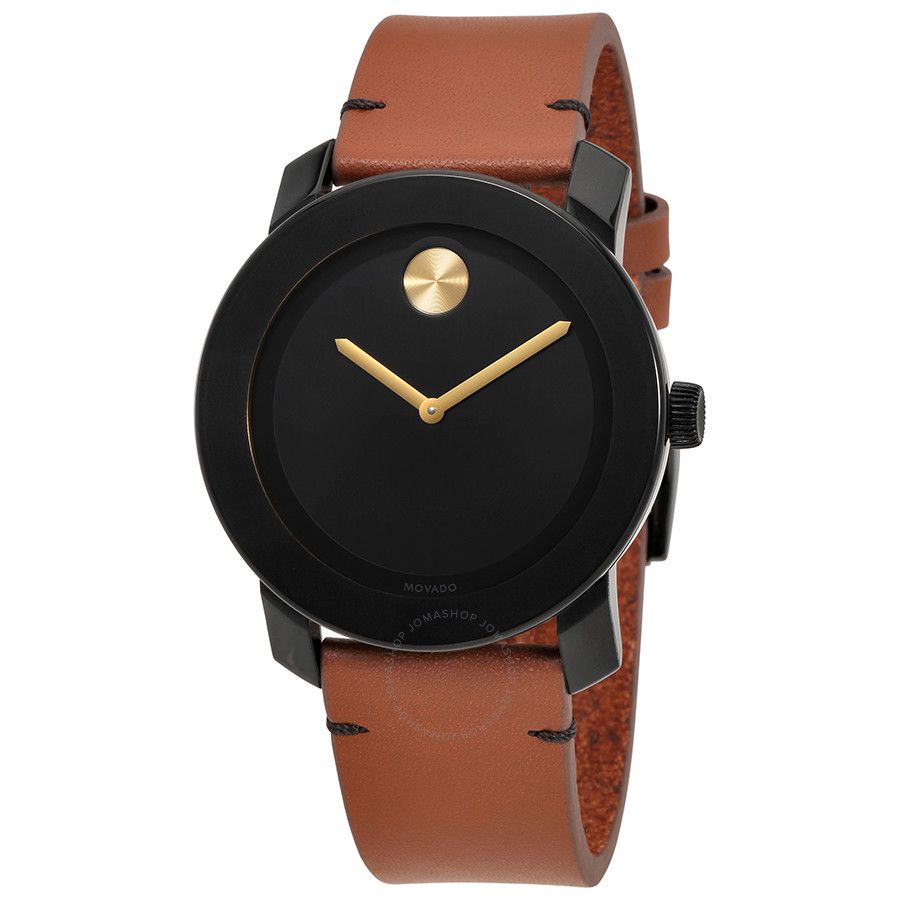 Movado Bold watch angled view showing black dial, case, and brown leather strap