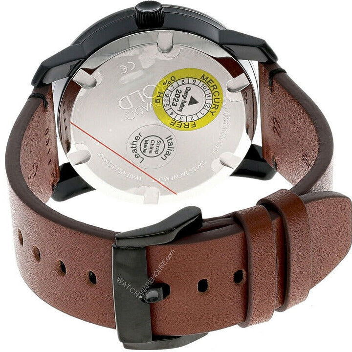 Movado Bold caseback showing movement, yellow dial, and tan leather strap
