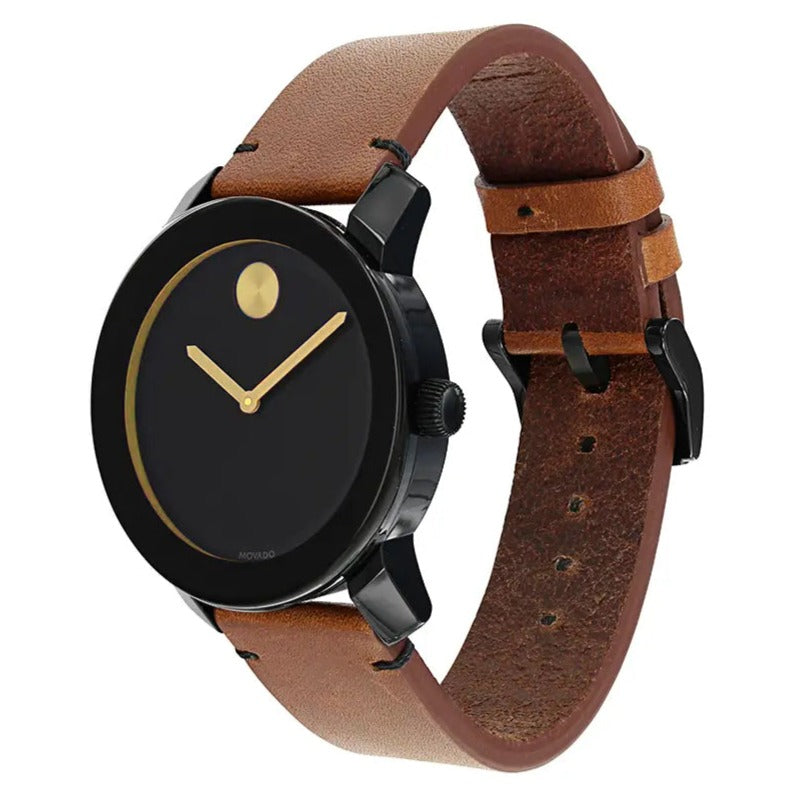 Movado Bold watch side view displaying leather strap and case profile
