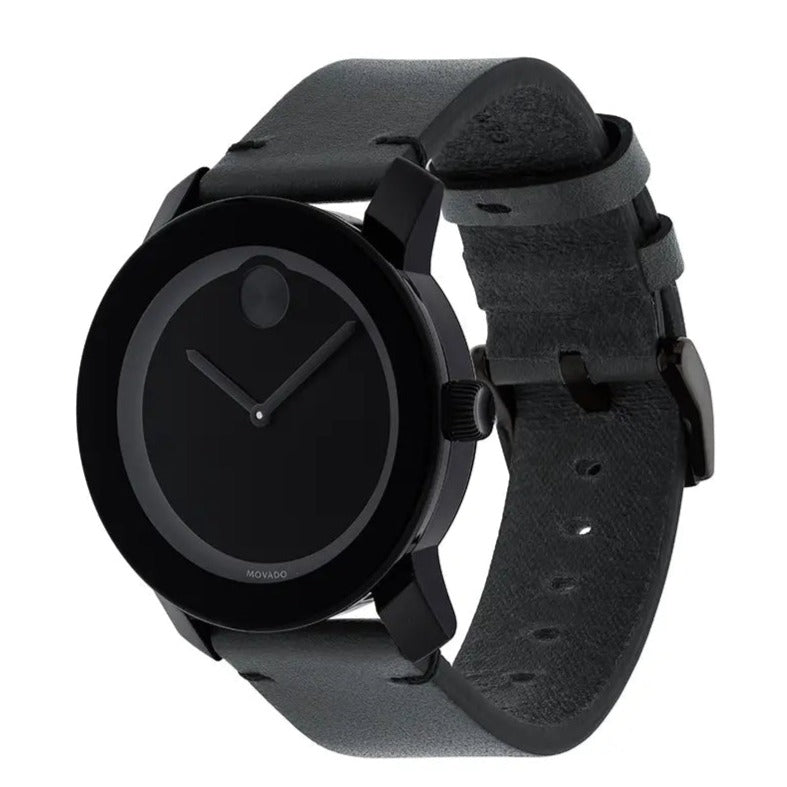 Movado Bold black watch on wrist angle view showing dial and leather strap