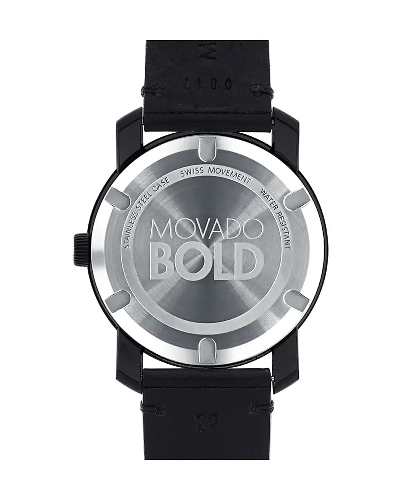 Movado Bold caseback with BOLD and Movado branding visible through transparent back