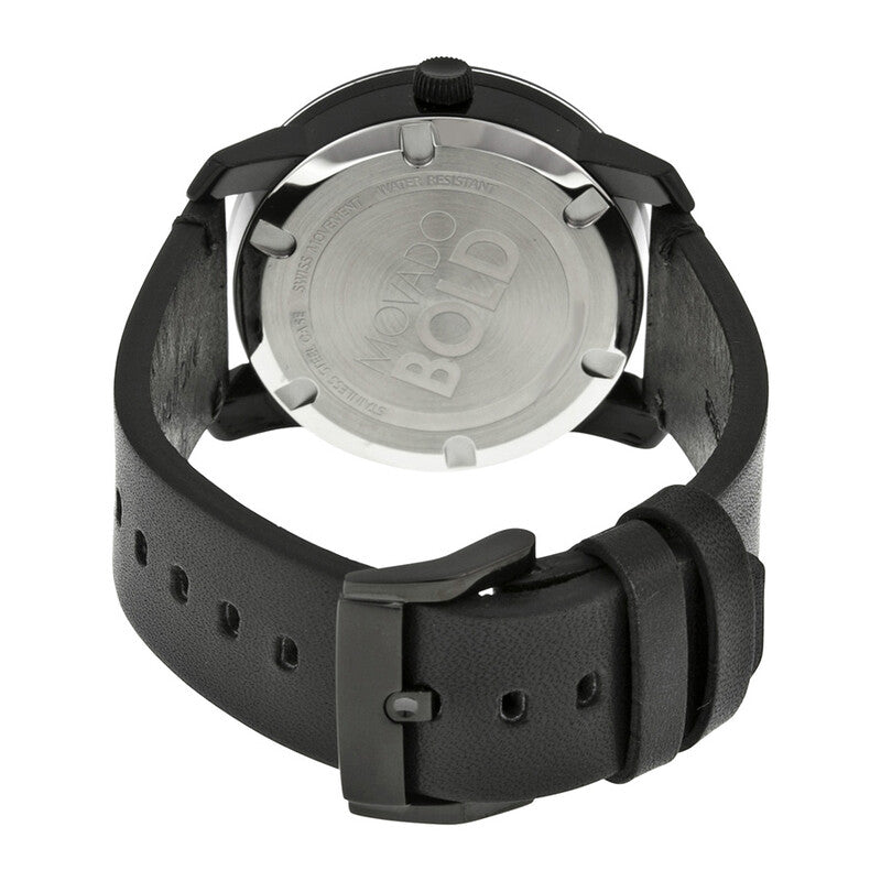 Movado BOLD watch caseback showing engraved BOLD logo and black leather strap