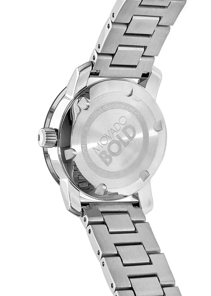 Movado Bold watch caseback showing stainless steel back and bracelet