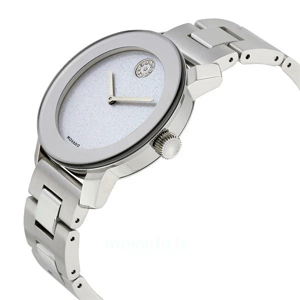 Movado Bold watch side view with silver dial and stainless steel bracelet