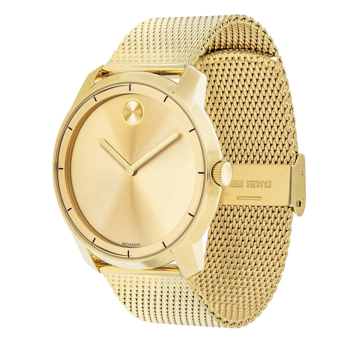 Movado Bold gold watch angle view showing dial and mesh band