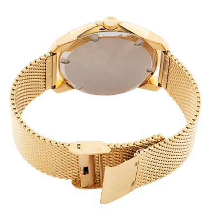 Movado Bold watch caseback showing mesh bracelet from behind