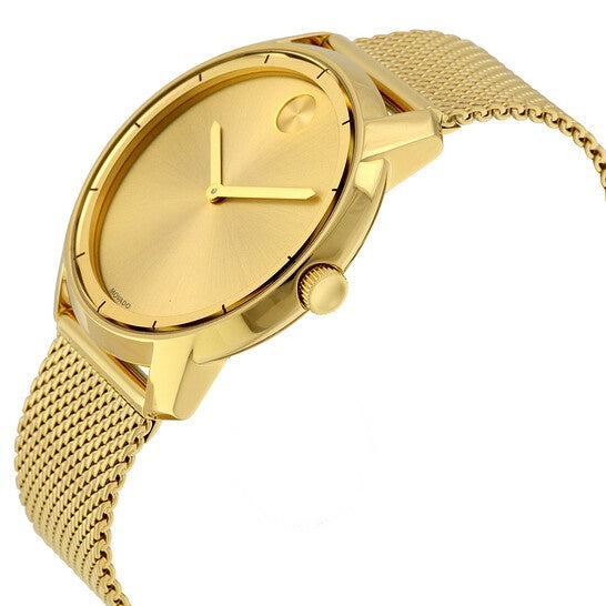 Movado Bold gold men's watch side profile with mesh bracelet