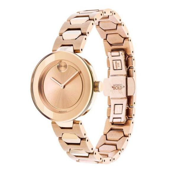 Movado Bold rose watch at three-quarter angle showing dial and bracelet design