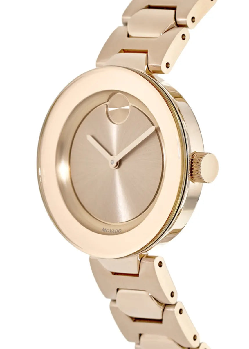 Side view of Movado Bold rose watch showing case profile and crown