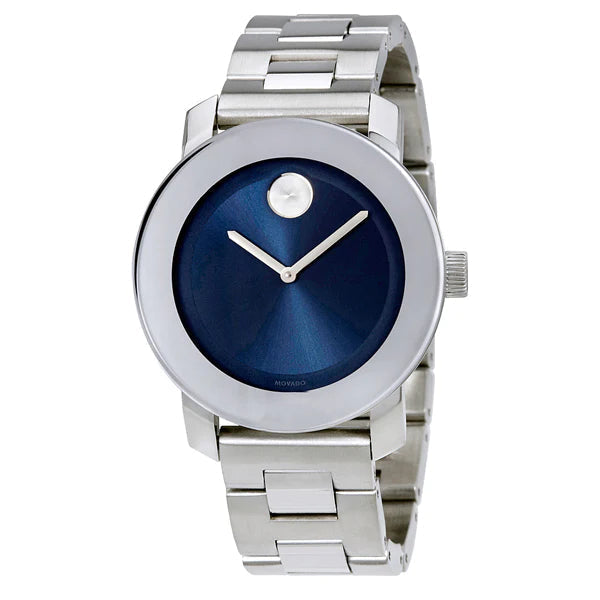 Movado Bold 3600396 angled view showing blue sunburst dial and stainless steel link bracelet