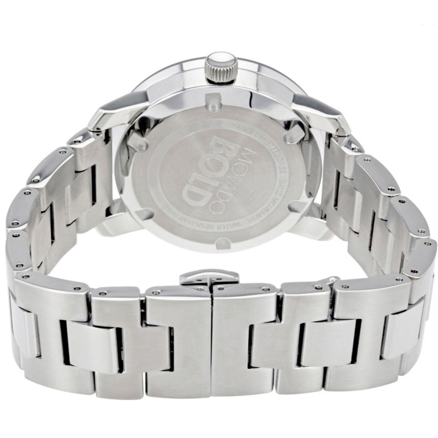 Movado Bold 3600396 case back view showing stainless steel bracelet and engraved caseback