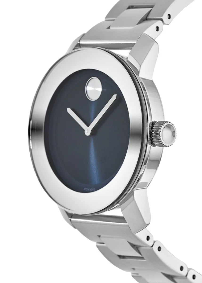 Movado Bold 3600396 side profile showing stainless steel case and link bracelet