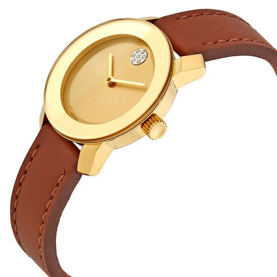 Movado Bold Gold Dial Brown Leather Strap Women's Watch 3600437
