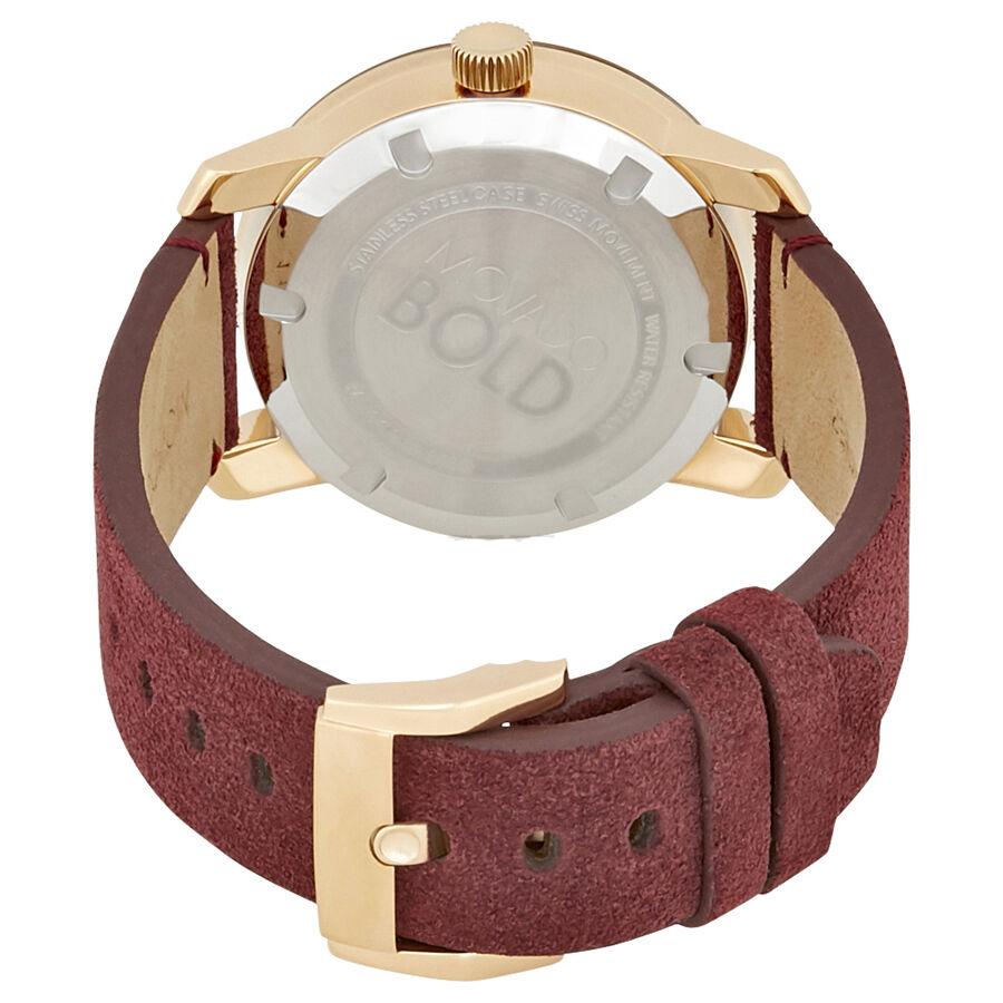 Caseback of Movado Bold women's watch showing red suede strap and rose gold case construction