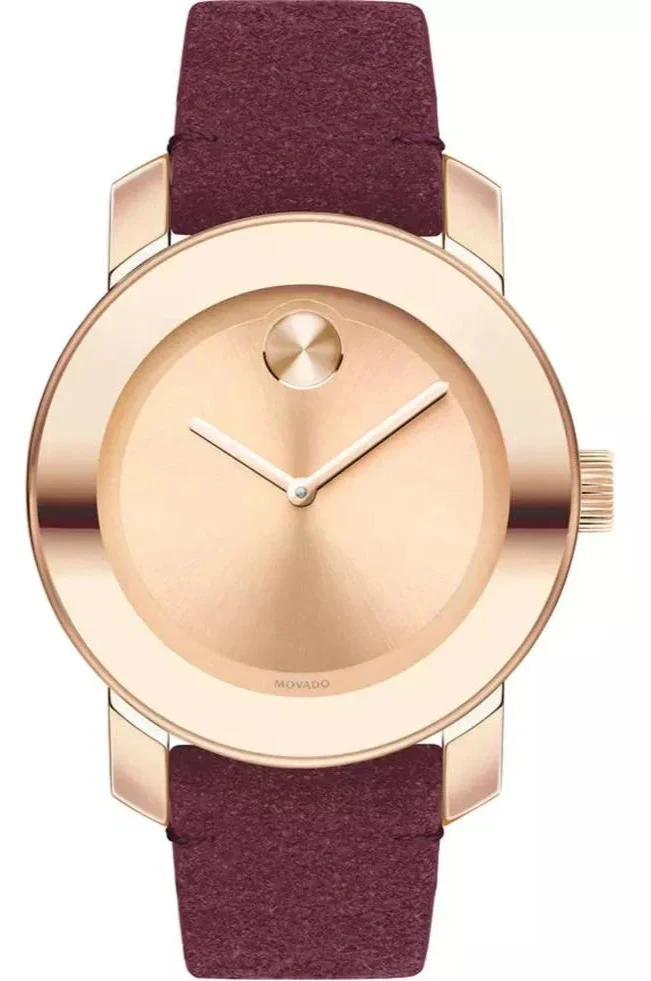 Movado Bold women's watch with rose gold dial, rose gold case, white hands, iconic dot, and burgundy suede strap