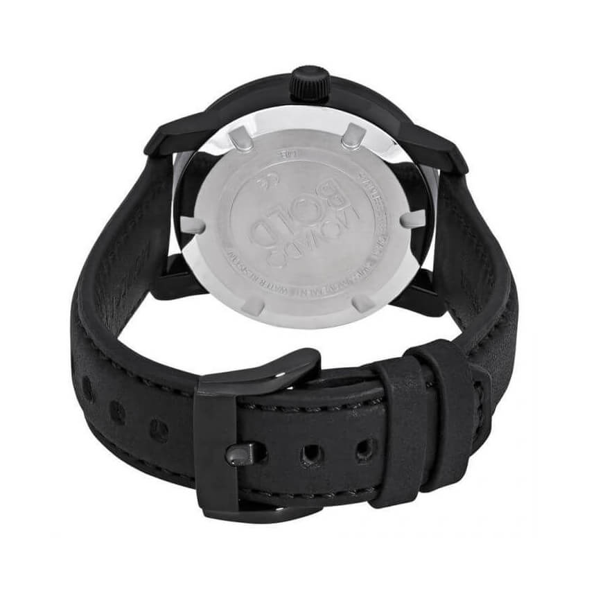 Movado Bold watch caseback showing metal cover and black leather strap