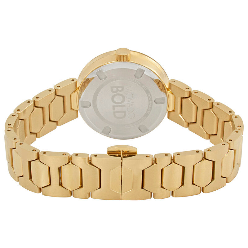 Caseback view of Movado Bold women's watch with bracelet visible
